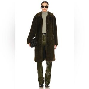 NWT AllSaints Sora Olive Green Faux Fur Coat Longline Quiet Luxury Chic Size S